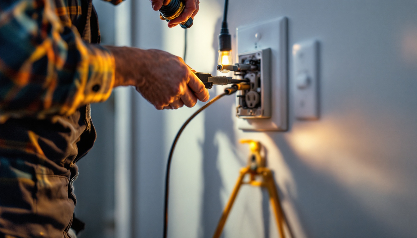 A photograph of a lighting contractor installing a volt outlet in a residential setting