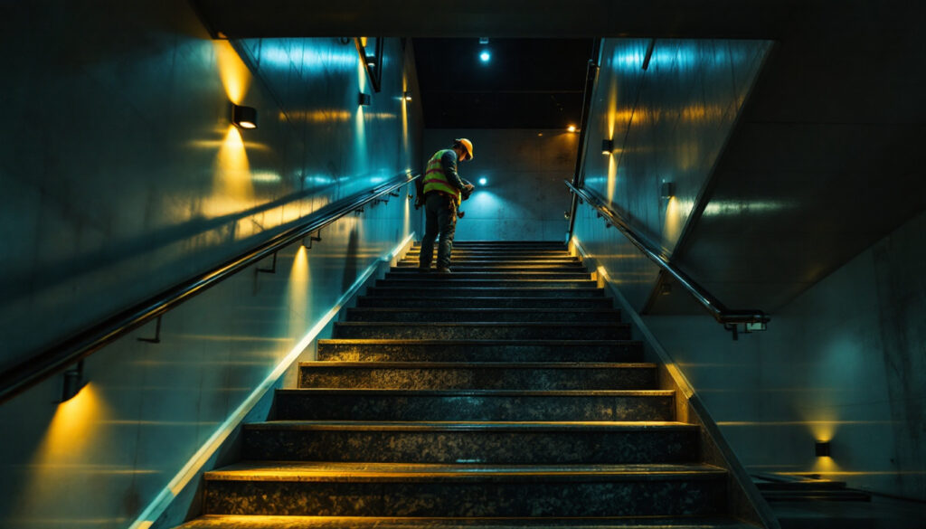 A photograph of a beautifully illuminated staircase that showcases various lighting techniques