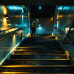 A photograph of a beautifully illuminated staircase that showcases various lighting techniques
