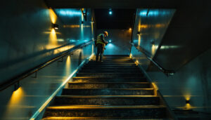 A photograph of a beautifully illuminated staircase that showcases various lighting techniques