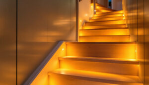 A photograph of a beautifully illuminated staircase featuring stylish led lighting