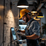 A photograph of a lighting contractor at work