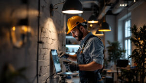 A photograph of a lighting contractor at work