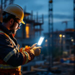 A photograph of a lighting contractor installing led floodlight bulbs on a construction site at dusk