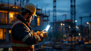 A photograph of a lighting contractor installing led floodlight bulbs on a construction site at dusk
