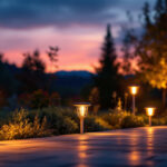 A photograph of a beautifully illuminated outdoor space featuring a variety of solar lights in different designs