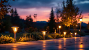 A photograph of a beautifully illuminated outdoor space featuring a variety of solar lights in different designs