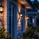 A photograph of a beautifully lit outdoor space featuring various styles of solar sconce lights installed on a home’s exterior