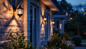 A photograph of a beautifully lit outdoor space featuring various styles of solar sconce lights installed on a home’s exterior