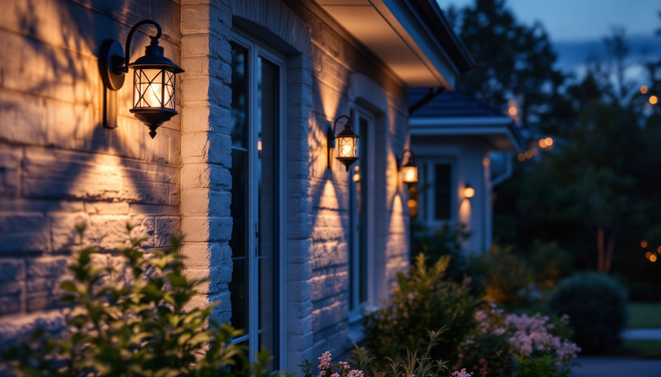 A photograph of a beautifully lit outdoor space featuring various styles of solar sconce lights installed on a home’s exterior