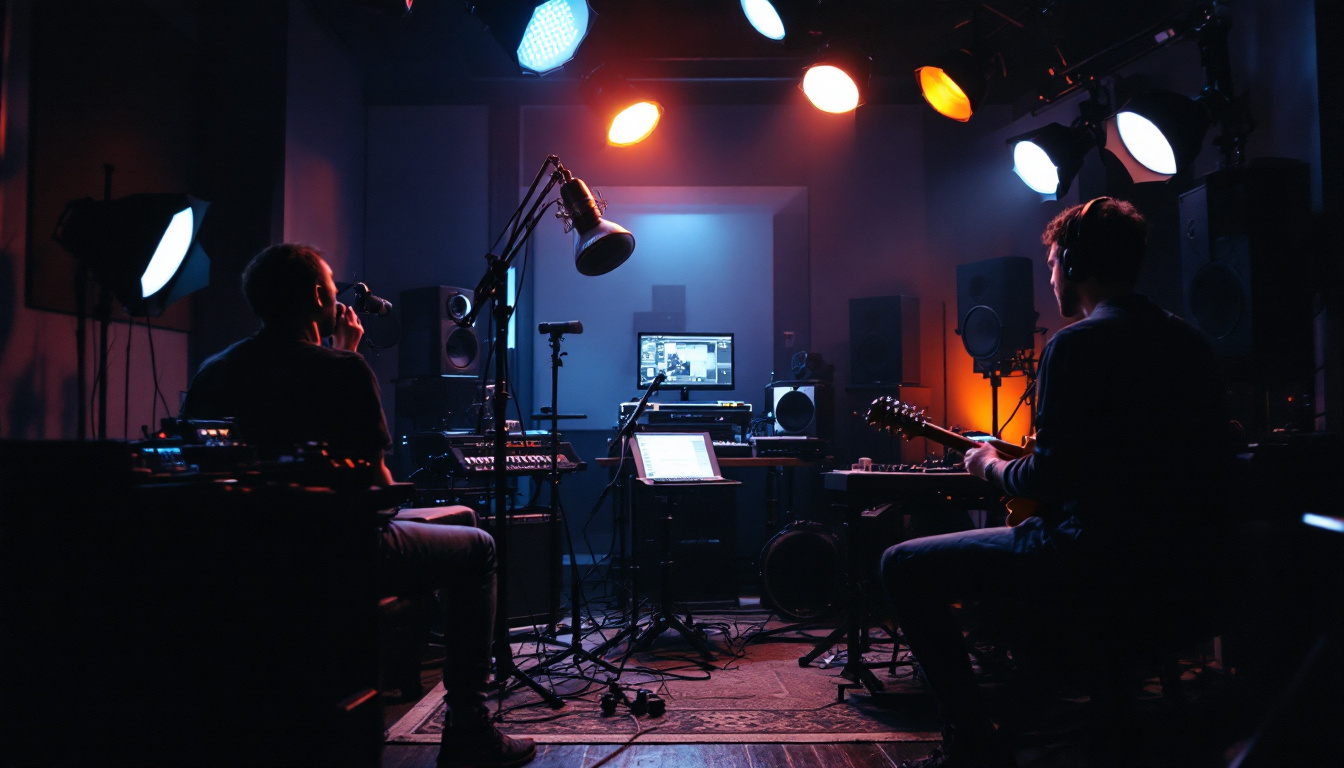 A photograph of a well-lit studio recording setup
