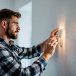 A photograph of a skilled lighting contractor demonstrating the installation or adjustment of a ceiling fan control switch in a residential setting