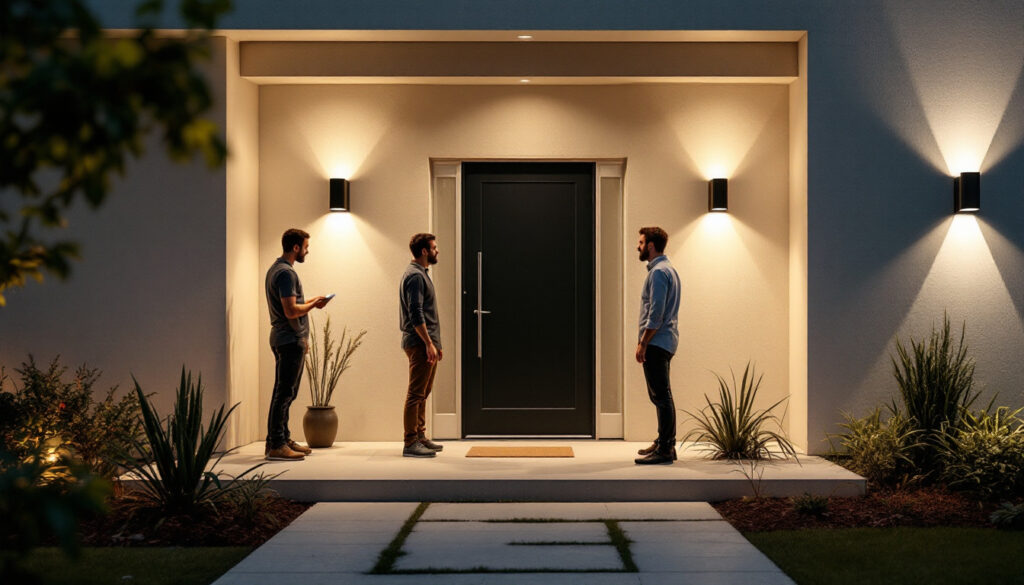 A photograph of a well-lit outdoor entryway featuring various styles of outdoor door lights