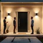 A photograph of a well-lit outdoor entryway featuring various styles of outdoor door lights