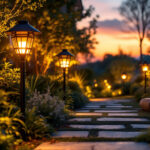 A photograph of a well-designed outdoor lighting setup that highlights solar-powered fixtures illuminating a garden or pathway at dusk