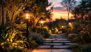 A photograph of a well-designed outdoor lighting setup that highlights solar-powered fixtures illuminating a garden or pathway at dusk