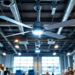 A photograph of a large industrial ceiling fan installed in a well-lit commercial space