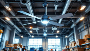 A photograph of a large industrial ceiling fan installed in a well-lit commercial space
