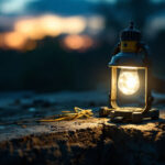 A photograph of a rugged outdoor work lamp illuminating a construction or diy project at dusk