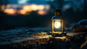 A photograph of a rugged outdoor work lamp illuminating a construction or diy project at dusk