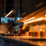 A photograph of a well-lit kitchen cabinet showcasing stylish led strip lights illuminating the interior