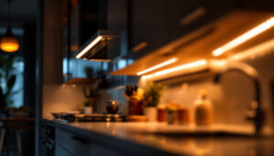 A photograph of a well-lit kitchen cabinet showcasing stylish led strip lights illuminating the interior