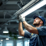 A photograph of a lighting contractor skillfully replacing a fluorescent light fixture in a commercial setting