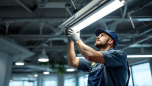 A photograph of a lighting contractor skillfully replacing a fluorescent light fixture in a commercial setting