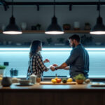 A photograph of a well-lit kitchen or workspace featuring stylish under counter led lights in action