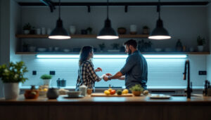 A photograph of a well-lit kitchen or workspace featuring stylish under counter led lights in action
