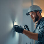 A photograph of a skilled lighting contractor installing a plug-in outlet switch in a residential setting
