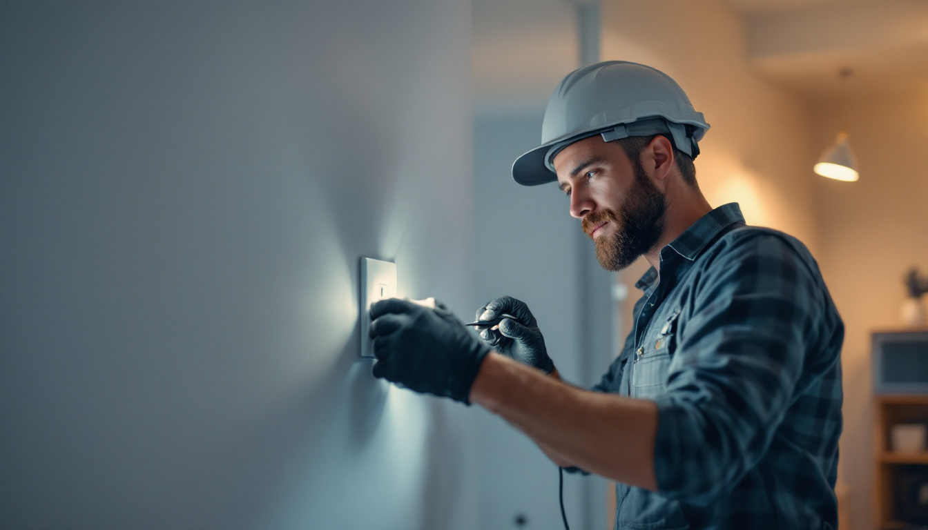 A photograph of a skilled lighting contractor installing a plug-in outlet switch in a residential setting