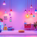 A photograph of a brightly lit playroom featuring a variety of creative and colorful light fixtures