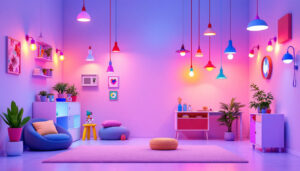 A photograph of a brightly lit playroom featuring a variety of creative and colorful light fixtures