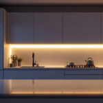 A photograph of a sleek kitchen featuring thin under cabinet lighting that highlights the countertops and enhances the overall ambiance