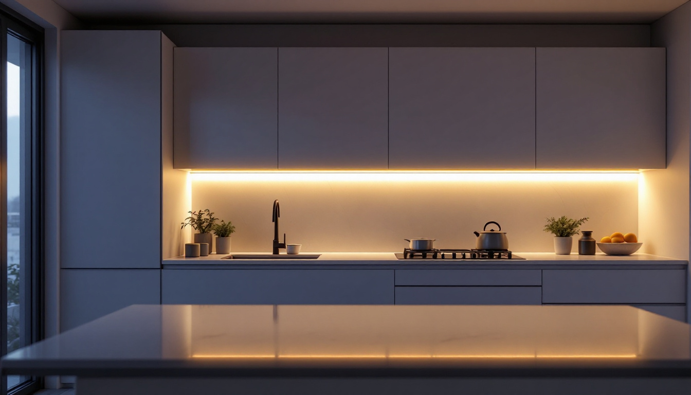 A photograph of a sleek kitchen featuring thin under cabinet lighting that highlights the countertops and enhances the overall ambiance