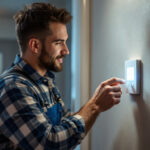 A photograph of a lighting contractor installing or adjusting an electrical timer switch in a modern residential setting