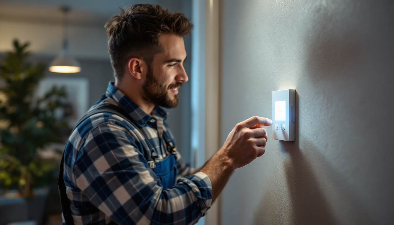A photograph of a lighting contractor installing or adjusting an electrical timer switch in a modern residential setting