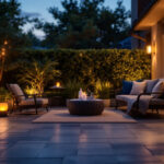 A photograph of a beautifully illuminated outdoor patio scene featuring stylish solar patio lamps in use during twilight
