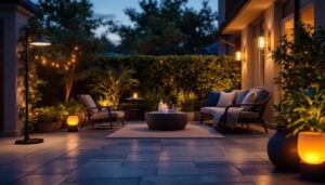 A photograph of a beautifully illuminated outdoor patio scene featuring stylish solar patio lamps in use during twilight