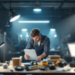A photograph of a well-lit workspace featuring various led shop lights in use