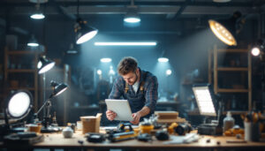 A photograph of a well-lit workspace featuring various led shop lights in use