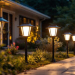 A photograph of a well-lit outdoor setting featuring various solar lamps from walmart