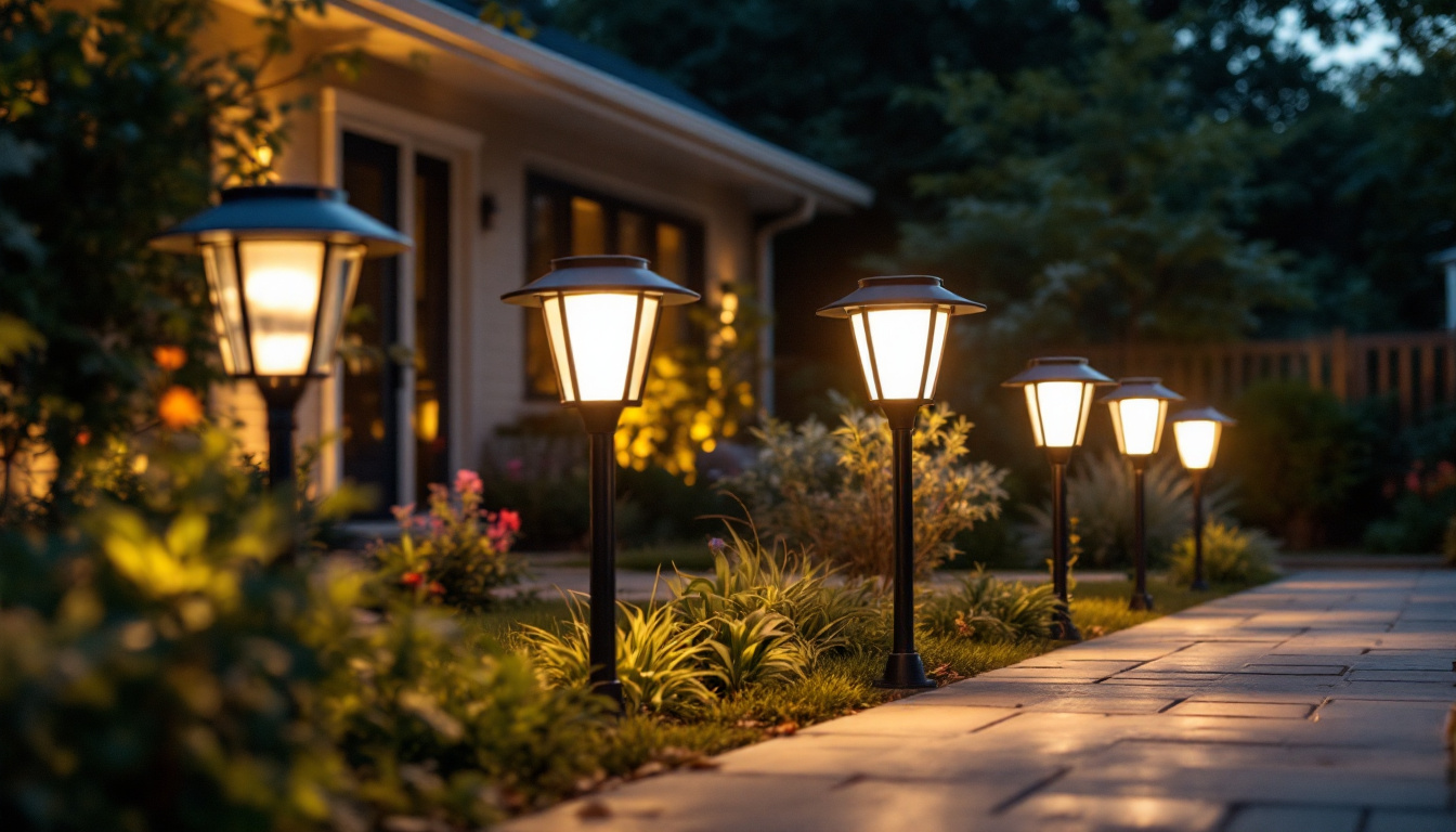 A photograph of a well-lit outdoor setting featuring various solar lamps from walmart