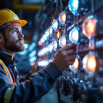 A photograph of a lighting contractor expertly installing or inspecting a set of vibrant 480 3-phase indicator lights in a commercial or industrial setting
