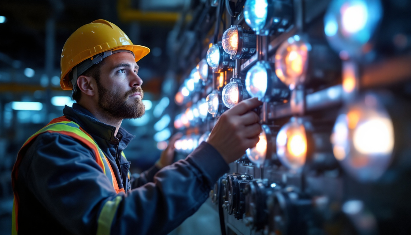 A photograph of a lighting contractor expertly installing or inspecting a set of vibrant 480 3-phase indicator lights in a commercial or industrial setting