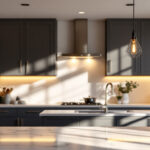 A photograph of a beautifully designed kitchen island featuring an elegant light fixture