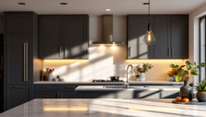 A photograph of a beautifully designed kitchen island featuring an elegant light fixture