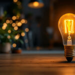 A photograph of a type a light bulb illuminated in a stylish setting