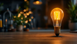 A photograph of a type a light bulb illuminated in a stylish setting